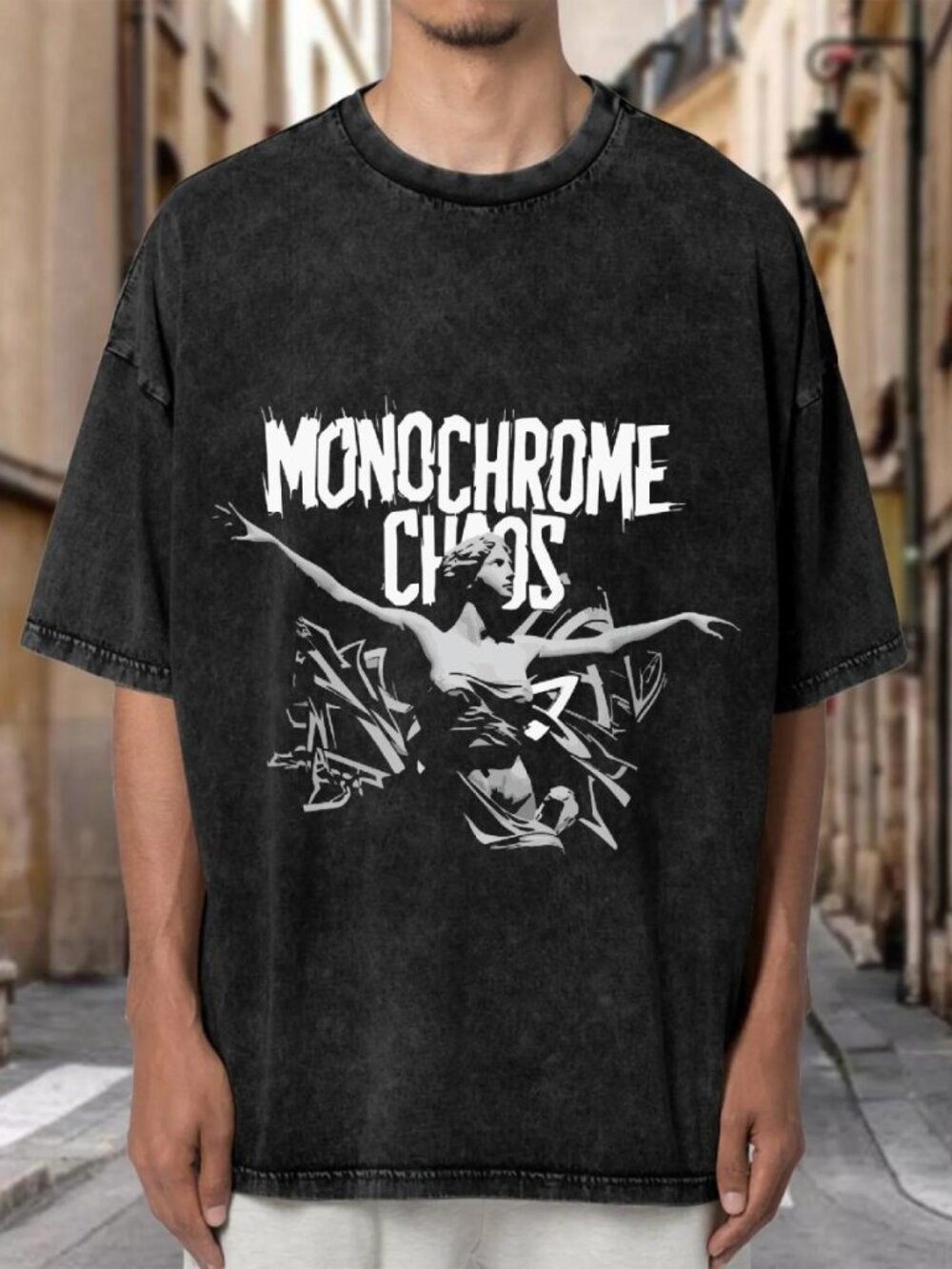 Vintage Wash Monochrome Chaos Statue Graphic Oversized Tee -CJH67Z8M2k01